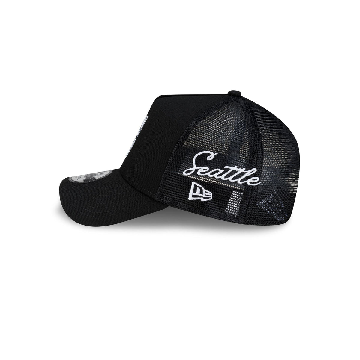 Seattle Mariners Side Script Black 9FORTY A-Frame Trucker Hat