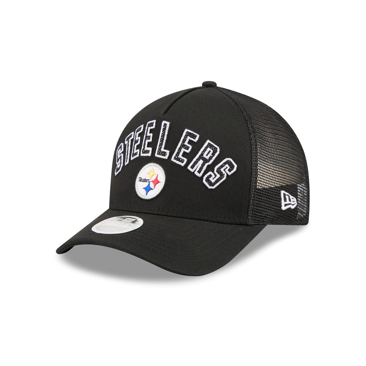 Pittsburgh Steelers Sequin Wordmark Women's 9FORTY M-Crown A-Frame Trucker Hat